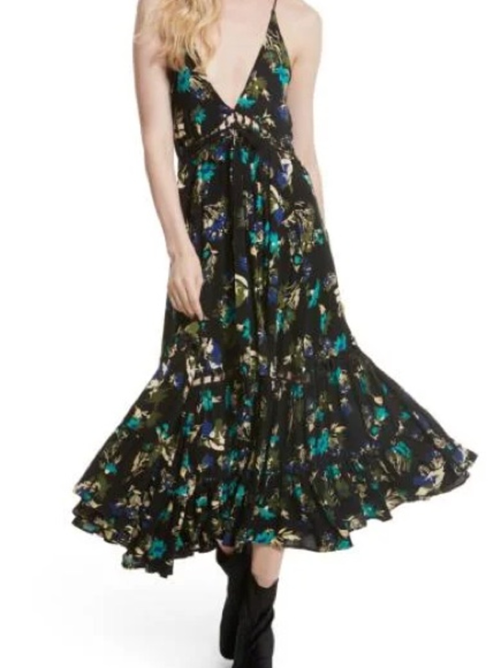Free People Black Maxi Dress with Teal & Blue Floral Print